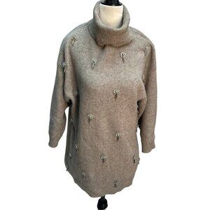 𝅺picadilly Beige 3/4 Sleeve Cowl Neck Sweater Jewel Detailing Size S